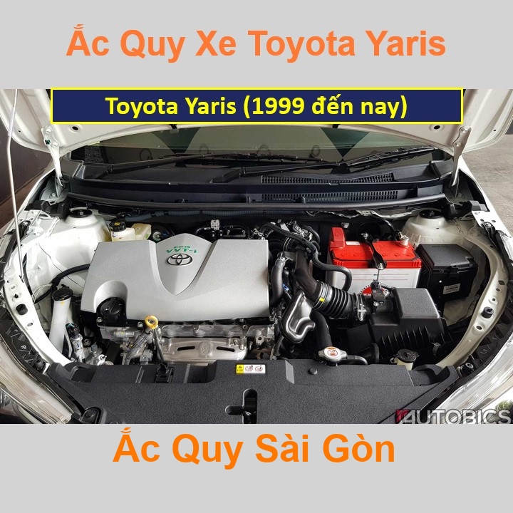 Vị trí bình ắc quy Toyota Yaris ở dưới nắp ca pô, bình nằm ngang, phía sau máy, bên tài.