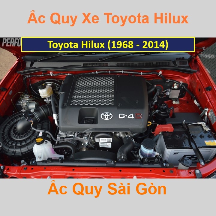Vị trí bình ắc quy Toyota Hilux (1968 - 2014) ở dưới nắp ca pô, bình nằm ngang, phía trước, bên tài.