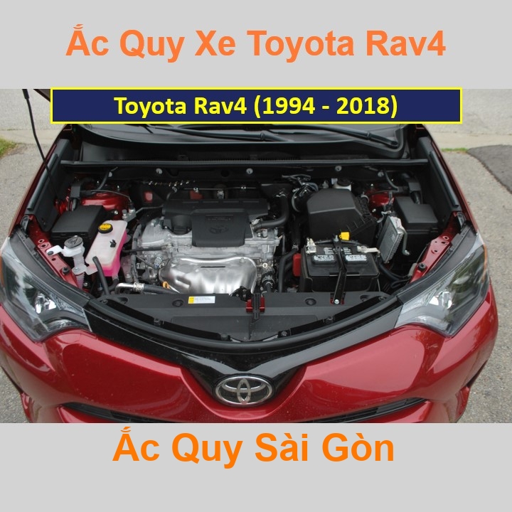 Vị trí bình ắc quy Toyota RAV4 (1994 - 2018) ở dưới nắp ca pô, bình nằm ngang, phía trước, bên tài.