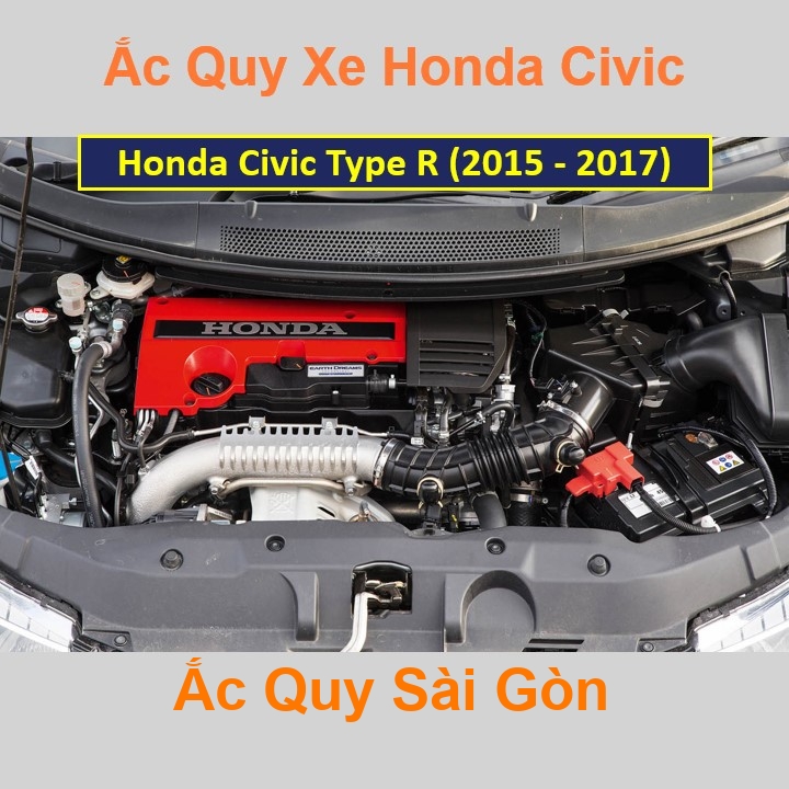 Vị trí bình ắc quy Honda Civic Type R (2015 - 2017) ở dưới nắp ca pô, bình nằm xéo, phía trước máy, bên tài.
