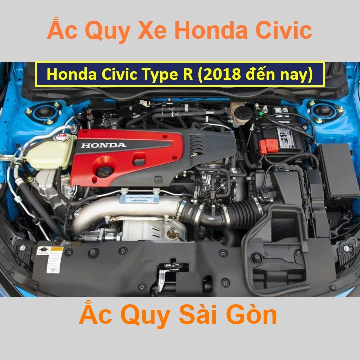 Vị trí bình ắc quy Honda Civic Type R (từ 2018) ở dưới nắp ca pô, bình nằm dọc, phía sau máy, bên tài.