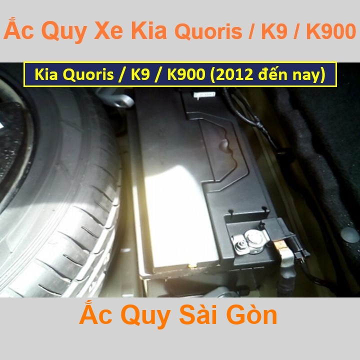 Vị trí bình ắc quy Kia Quoris / K9 / K900 ở cốp sau, bình nằm dọc dưới sàn, phía bên tài.