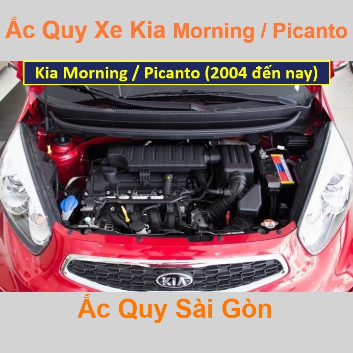 Vị trí bình ắc quy xe Kia Morning nằm ở dưới nắp ca pô, bình nắm dọc giữa khoang máy, bên tài.