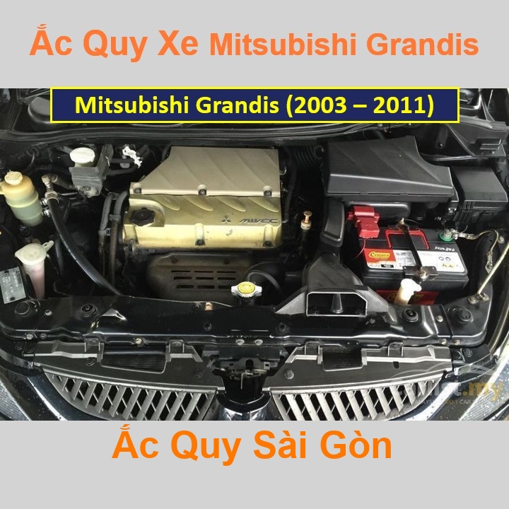 Vị trí bình ắc quy Mitsubishi Grandis ở dưới nắp ca pô, bình nằm ngang, phía trước, bên tài.