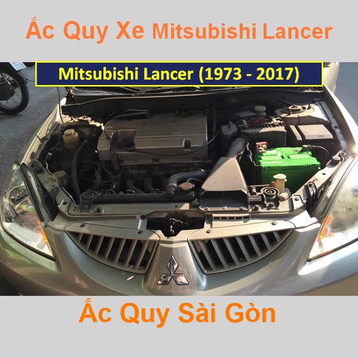 Vị trí bình ắc quy Mitsubishi Lancer ở dưới nắp ca pô, bình nằm ngang, phía trước, bên tài. 