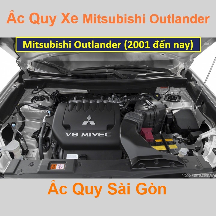 Vị trí bình ắc quy Mitsubishi Outlander ở dưới nắp ca pô, bình nằm ngang phía trước máy, bên tài.