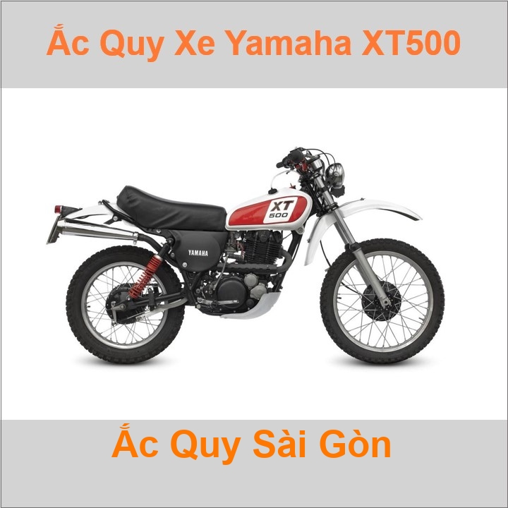 Bình ắc quy cho xe moto Yamaha XT 500E 499cc có công suất tầm 8Ah, 9Ah (10h) với các mã bình ắc quy phổ biến như YTX9-BS ... Bình ắc quy xe mô tô Yamaha XT500E có kích thước khoảng: Dài 15cm * Rộng 8.7cm * Cao 10.5cm cho xe phân khối lớn pkl chất lượng tốt nhất giá rẻ
