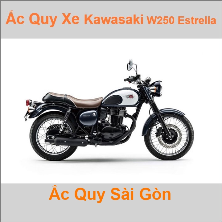 Bình ắc quy cho xe moto Kawasaki W250 - Estrella 249cc có công suất tầm 8Ah, 9Ah (10h) với các mã bình ắc quy phổ biến như YTX9-BS