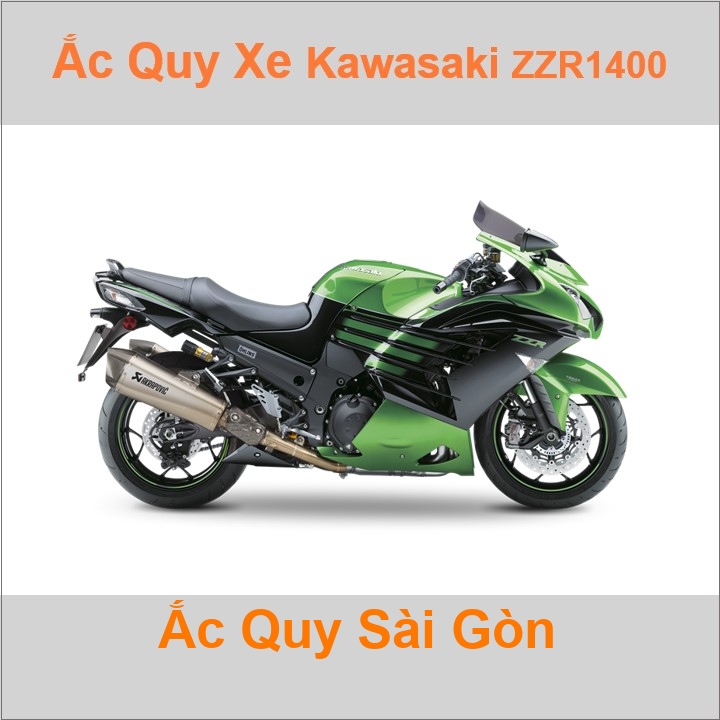Bình ắc quy cho xe moto Kawasaki ZZR1400 1352cc có công suất tầm 12Ah, 14Ah (10h) với các mã bình ắc quy phổ biến như YTX14-BS 