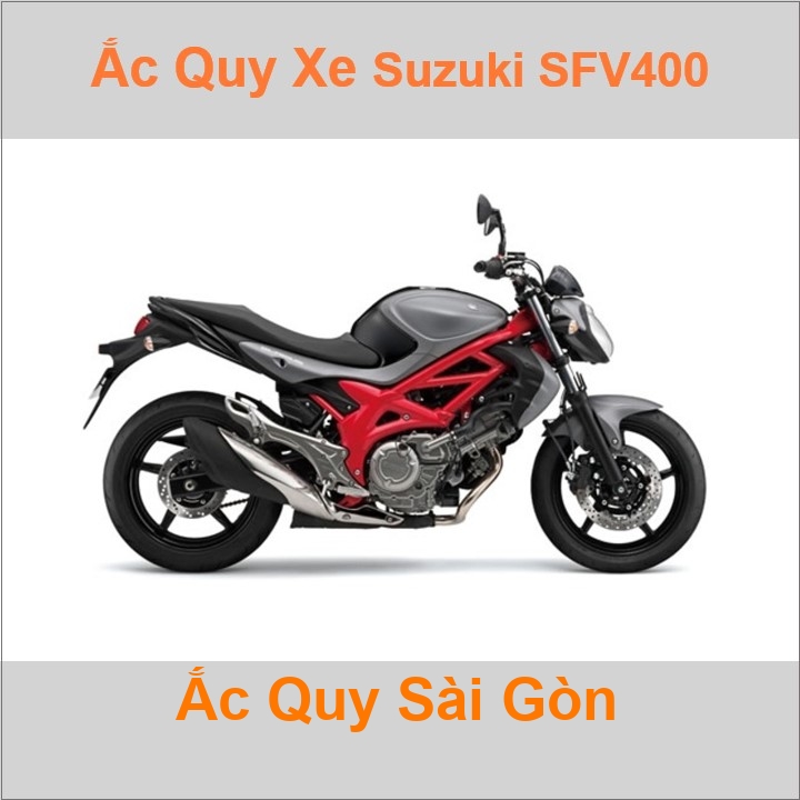 Bình acquy moto cho xe pkl Suzuki SFV 400 Gladius 399cc có công suất tầm 8Ah, 9Ah (10h) với các mã bình ắc quy phổ biến như YTX9-BS Bình ắc quy xe mô tô phân khối lớn Suzuki SFV400 có kích thước khoảng Dài 15cm * Rộng 8.7cm * Cao 10.5cm chất lượng tốt nhất với giá rẻ