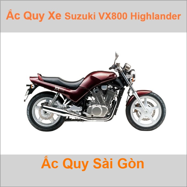 Bình acquy moto cho xe pkl Suzuki VX 800 Highlander có công suất tầm 14Ah (10h) với các mã bình ắc quy phổ biến như YTX16-BS Bình ắc quy xe mô tô phân khối lớn Suzuki VX800 có kích thước khoảng Dài 15cm * Rộng 8.7cm * Cao 16cm chất lượng tốt nhất với giá rẻ