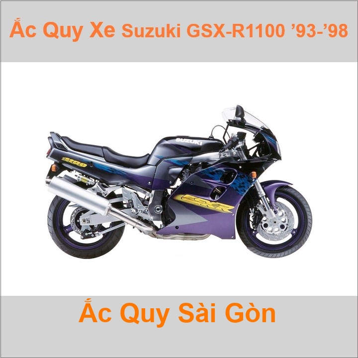 Bình acquy moto cho xe pkl Suzuki GSX-R1100 (1993-1998) 1074cc có công suất tầm 10Ah, 12Ah (10h) với các mã bình ắc quy phổ biến như YTX12-BS Bình ắc quy xe mô tô phân khối lớn Suzuki GSXR1100 có kích thước khoảng Dài 15cm * Rộng 8.7cm * Cao 13cm chất lượng tốt nhất với giá rẻ