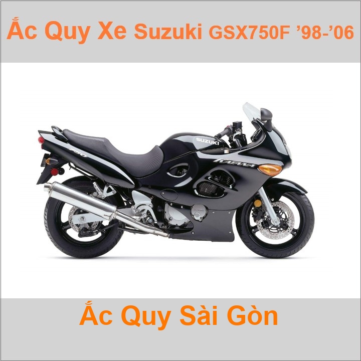 Bình acquy moto cho xe pkl Suzuki GSX-750F Katana (1998-2006) 748cc có công suất tầm 8Ah, 9Ah (10h) với các mã bình ắc quy phổ biến như YTX9-BS Bình ắc quy xe mô tô phân khối lớn Suzuki GSX750F có kích thước khoảng Dài 15cm * Rộng 8.7cm * Cao 10.5cm chất lượng tốt nhất với giá rẻ