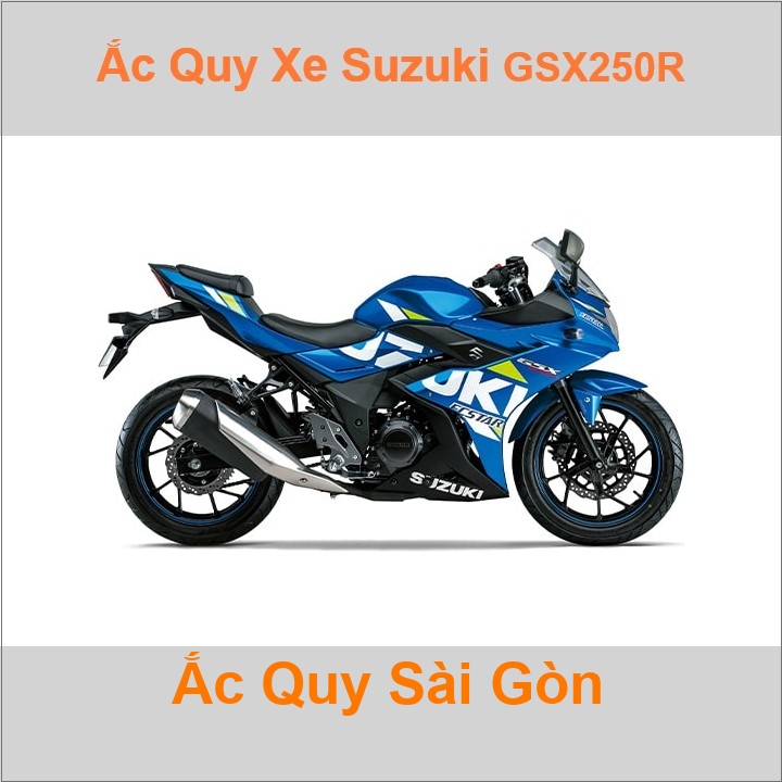 Bình acquy moto cho xe pkl Suzuki GSX-250R 248cc có công suất tầm 8Ah, 9Ah (10h) với các mã bình ắc quy phổ biến như YTX9-BS Bình ắc quy xe mô tô phân khối lớn Suzuki GSX250R có kích thước khoảng Dài 15cm * Rộng 8.7cm * Cao 10.5cm chất lượng tốt nhất với giá rẻ
