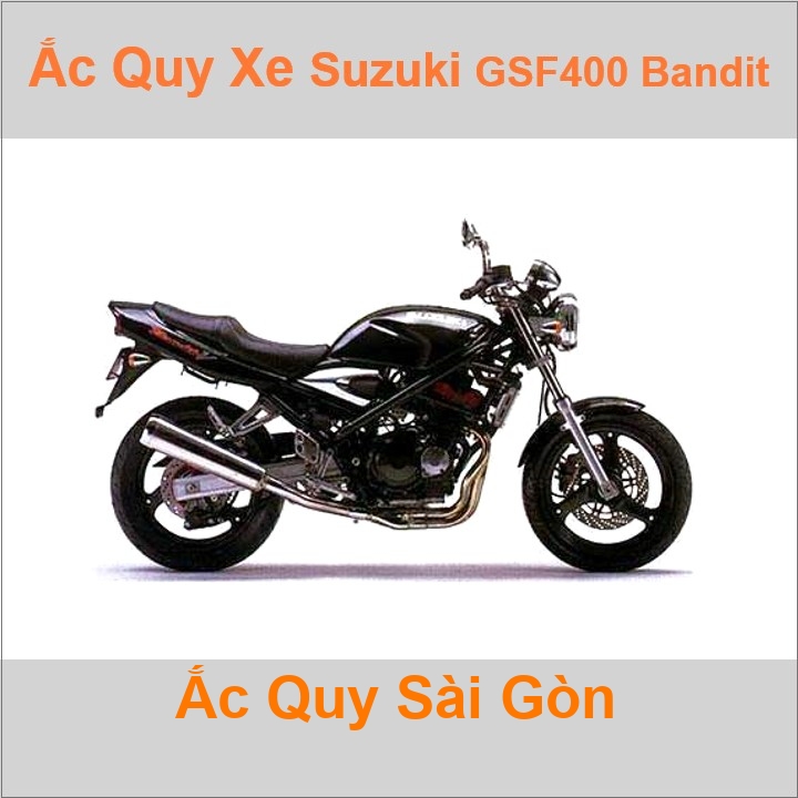 Bình acquy moto cho xe pkl Suzuki GSF-400 Bandit 398cc có công suất tầm 8Ah, 9Ah (10h) với các mã bình ắc quy phổ biến như YTX9-BS Bình ắc quy xe mô tô phân khối lớn Suzuki GSF400 có kích thước khoảng Dài 15cm * Rộng 8.7cm * Cao 10.5cm chất lượng tốt nhất với giá rẻ