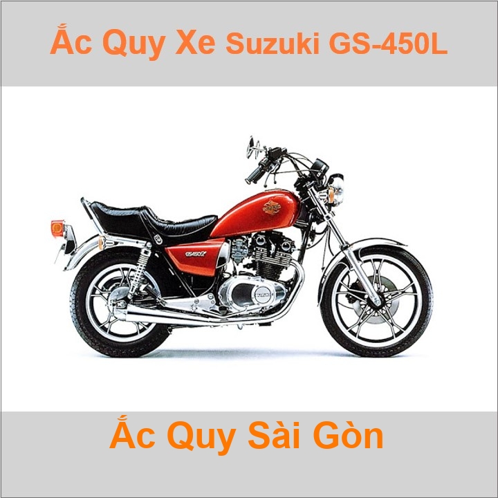 Bình acquy moto cho xe pkl Suzuki GS-450L (1983-1988) 448cc có công suất tầm 11Ah bình ắc quy nước YB12B-B2 kích thước Dài 16cm * Rộng 8.9cm * Cao 13cm. Có thể thay bằng bình khô YTX12-BS 10Ah, 12Ah (10hr) kích thước Dài 15cm * Rộng 8.7cm * Cao 13cm chất lượng tốt nhất với giá rẻ