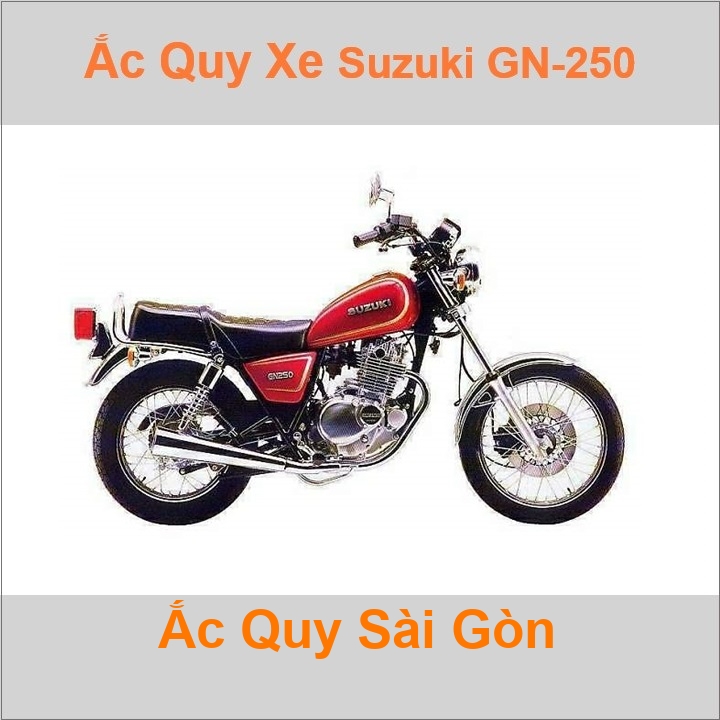 Bình acquy moto cho xe pkl Suzuki GN-250 249cc có công suất tầm 10Ah (10h) với mã bình ắc quy phổ biến như YB10L Bình ắc quy xe mô tô phân khối lớn Suzuki GN250 có kích thước khoảng Dài 13cm * Rộng 8.8cm * Cao 14.5cm chất lượng tốt nhất với giá rẻ