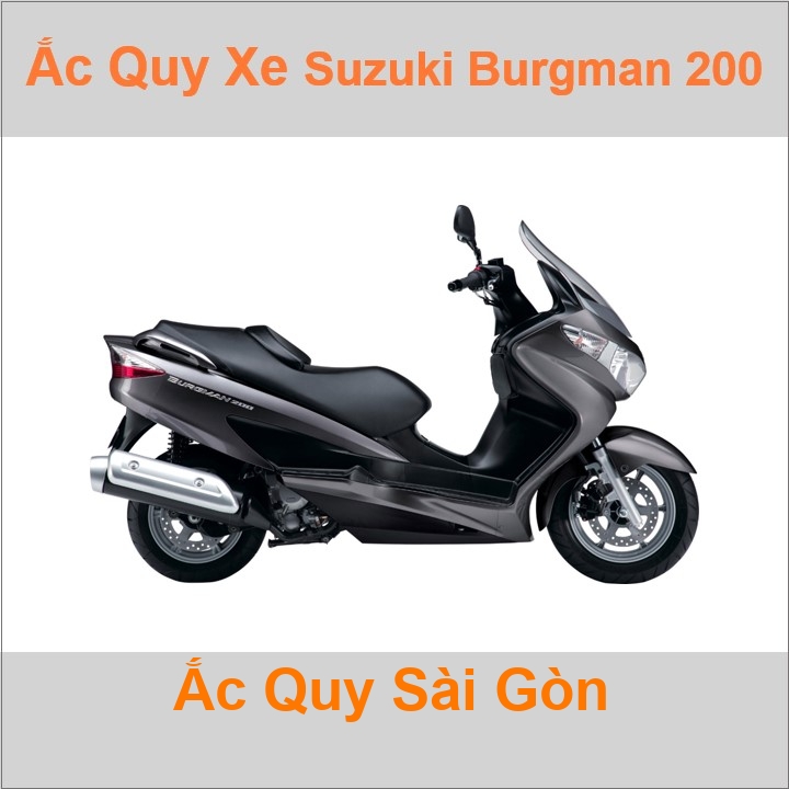 Bình acquy moto cho xe tay ga Suzuki Burgman 200 200cc có công suất tầm 8Ah, 9Ah (10h) với các mã bình ắc quy phổ biến như YTX9-BS Bình ắc quy xe mô tô phân khối lớn Suzuki Burgman 200 có kích thước khoảng Dài 15cm * Rộng 8.7cm * Cao 10.5cm chất lượng tốt nhất với giá rẻ