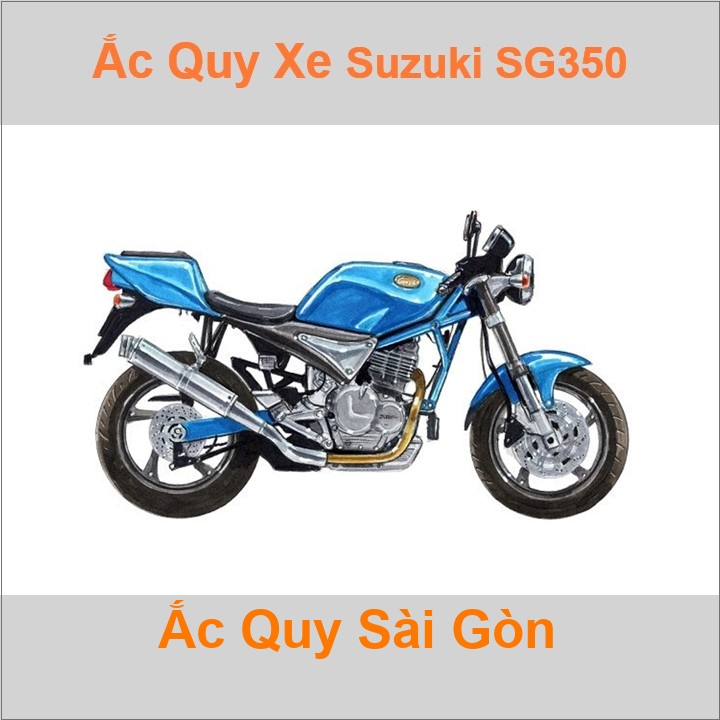 Bình acquy moto cho xe pkl Suzuki SG 350 Goose 350cc có công suất tầm 12Ah, 14Ah (10h) với các mã bình ắc quy phổ biến như YTX14-BS Bình ắc quy xe mô tô phân khối lớn Suzuki SG350 có kích thước khoảng Dài 15cm * Rộng 8.7cm * Cao 14.5cm chất lượng tốt nhất với giá rẻ