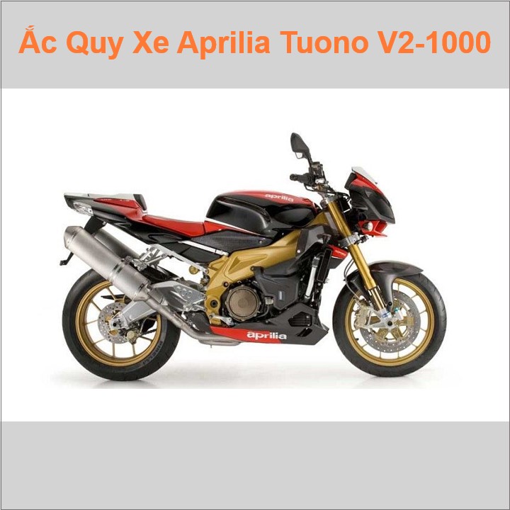 Bình ắc quy cho xe moto pkl Aprilia Tuono V2 1000 998cc có công suất tầm 10Ah, 12Ah (10h) với các mã bình ắc quy phổ biến như YTX12-BS Bình ắc quy xe