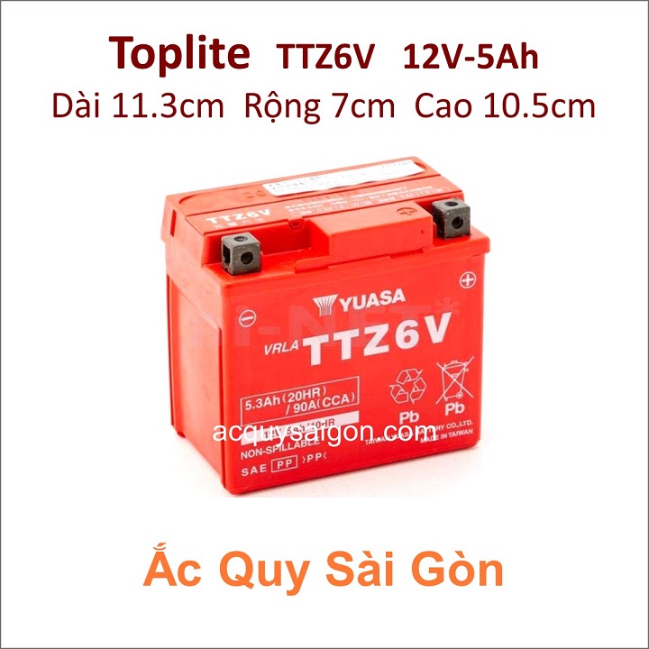 Ắc quy xe máy Toplite TTZ6V | Công suất  12V - 5Ah  Kích thước D*R*C  113*70*105 mm ,  Đài Loan ,  Bảo hành 6 tháng , ắc quy xe máy 5Ah TTZ6V Toplite