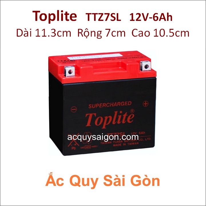 Ắc quy xe máy Toplite TTZ7SL Supercharged | Công suất 12V - 6Ah Kích thước D*R*C 113*70*105 mm , Đài Loan , Bảo hành 6 tháng , ắc quy xe máy 6Ah TTZ7SL Toplite giá rẻ, cạnh tranh nhất.