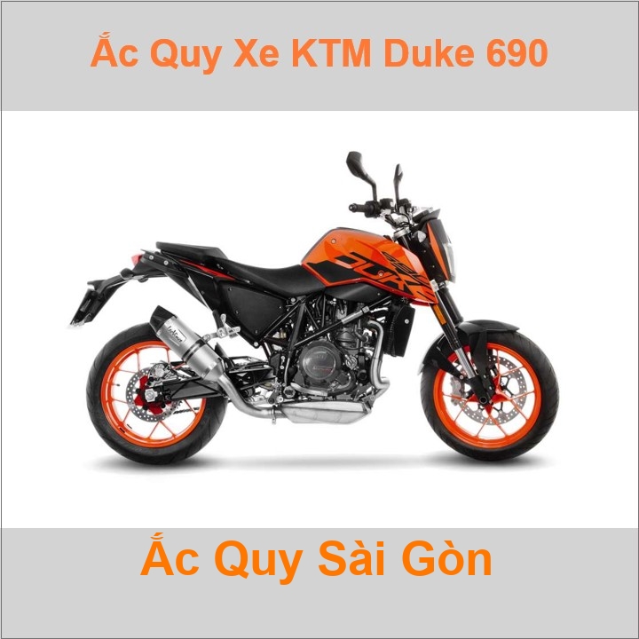 Bình acquy cho xe moto pkl KTM Duke 690 654cc, 690cc, 693cc có công suất tầm 8Ah; 9Ah (10h) với các mã bình ắc quy phổ biến như YTX9-BS Bình ắc quy xe mô tô phân khối lớn KTM Duke 690 có kích thước khoảng Dài 15cm * Rộng 8.7cm * Cao 10.5cm battery chất lượng tốt nhất giá rẻ
