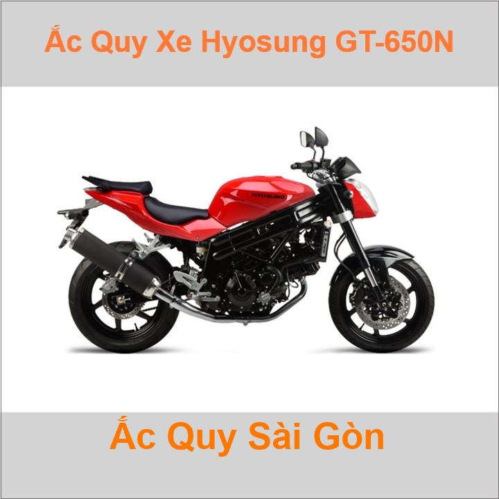 Bình ắc quy cho xe moto pkl Hyosung GT 650N có công suất tầm 12Ah, 14Ah (10h) với các mã bình ắc quy phổ biến như YTX14-BS Bình ắc quy xe mô tô phân khối lớn Hyosung GT650N có kích thước khoảng Dài 15cm * Rộng 8.7cm * Cao 14.5cm battery chất lượng tốt nhất giá rẻ