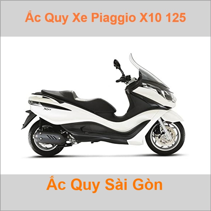 Bình ắc quy cho xe tay ga pkl Piaggio X10 125 124cc có công suất tầm 10Ah (10h) với các mã bình ắc quy phổ biến như YTX12-BS Bình ắc quy xe scooter phân khối lớn Piaggio X10 125 có kích thước khoảng Dài 15cm * Rộng 8.7cm * Cao 13cm battery chất lượng tốt nhất giá rẻ