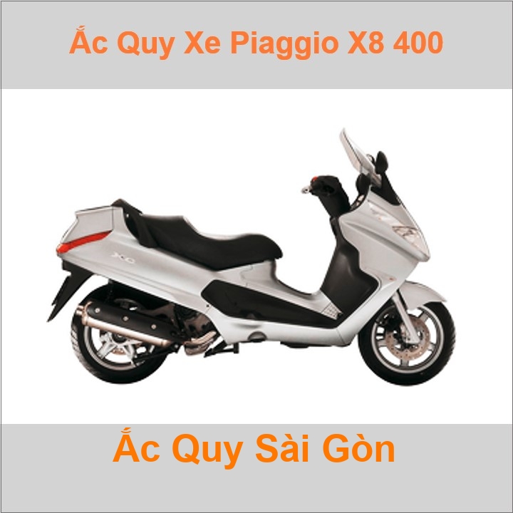 Bình ắc quy cho xe tay ga pkl Piaggio X8 400 399cc có công suất tầm 10Ah (10h) với các mã bình ắc quy phổ biến như YB10L-BS Bình ắc quy xe scooter phân khối lớn Piaggio X8 400 có kích thước khoảng Dài 13cm * Rộng 8.8cm * Cao 14.5cm battery chất lượng tốt nhất giá rẻ