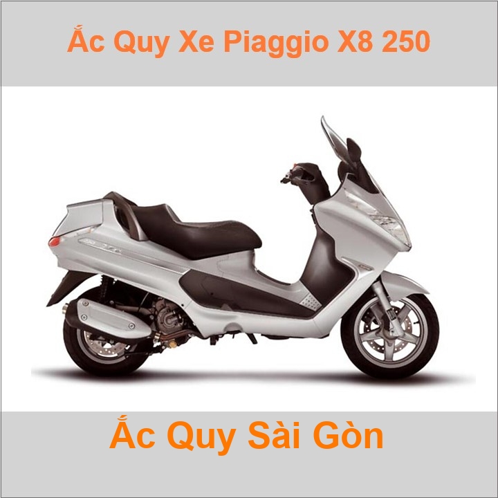 Bình ắc quy cho xe tay ga pkl Piaggio X8 250 244cc có công suất tầm 10Ah (10h) với các mã bình ắc quy phổ biến như YB10L-BS Bình ắc quy xe scooter phân khối lớn Piaggio X8 250 có kích thước khoảng Dài 13cm * Rộng 8.8cm * Cao 14.5cm battery chất lượng tốt nhất giá rẻ