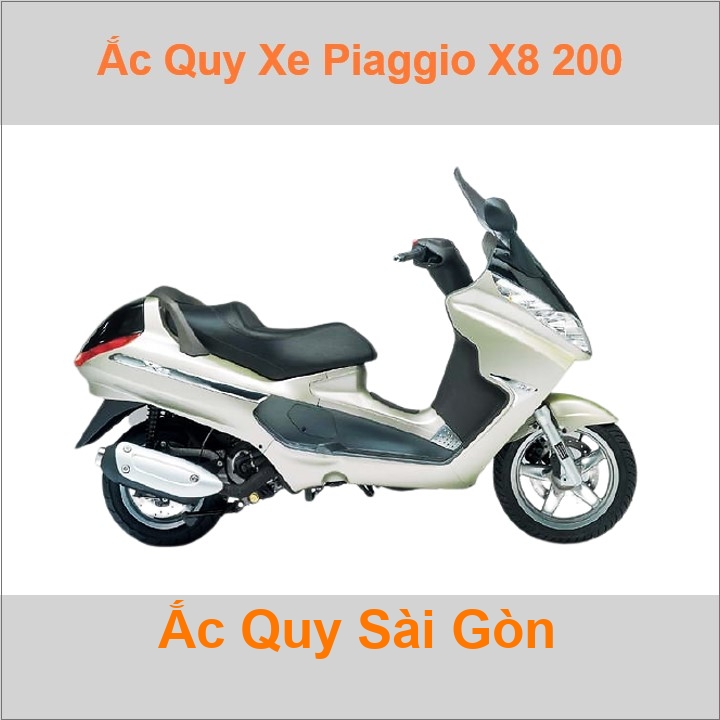 Bình ắc quy cho xe tay ga pkl Piaggio X8 200 198cc có công suất tầm 10Ah (10h) với các mã bình ắc quy phổ biến như YB10L-BS Bình ắc quy xe scooter phân khối lớn Piaggio X8 200 có kích thước khoảng Dài 13cm * Rộng 8.8cm * Cao 14.5cm battery chất lượng tốt nhất giá rẻ