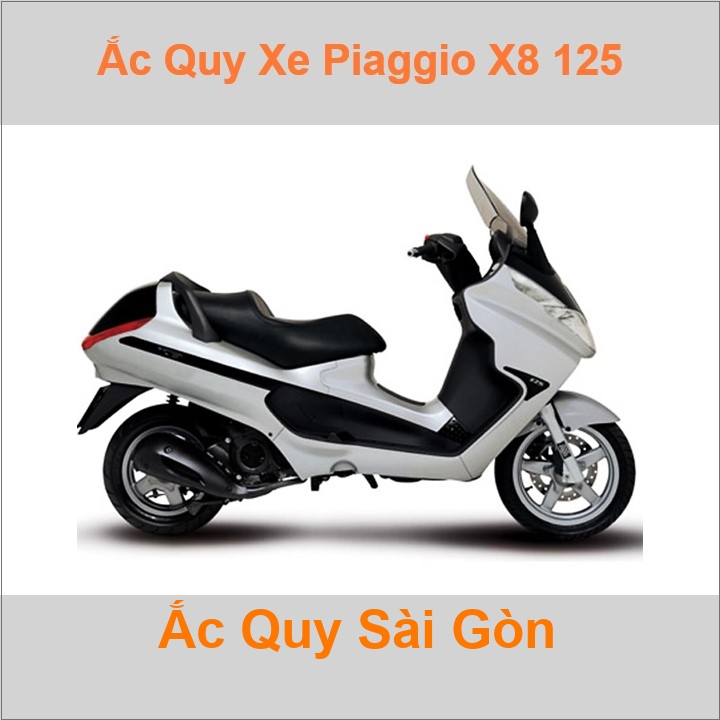 Bình ắc quy cho xe tay ga pkl Piaggio X8 125 124cc có công suất tầm 10Ah (10h) với các mã bình ắc quy phổ biến như YB10L-BS Bình ắc quy xe scooter phân khối lớn Piaggio X8 125 có kích thước khoảng Dài 13cm * Rộng 8.8cm * Cao 14.5cm battery chất lượng tốt nhất giá rẻ