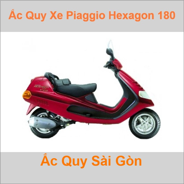 Bình ắc quy cho xe tay ga pkl Piaggio Hexagon 4 thì 125 / 180 / 250 (1997-2000) có công suất tầm 10Ah (10h) với các mã bình ắc quy phổ biến như YB10L-BS Bình ắc quy xe scooter phân khối lớn Piaggio Hexagon có kích thước khoảng Dài 13cm * Rộng 8.8cm * Cao 14.5cm battery chất lượng tốt nhất giá rẻ