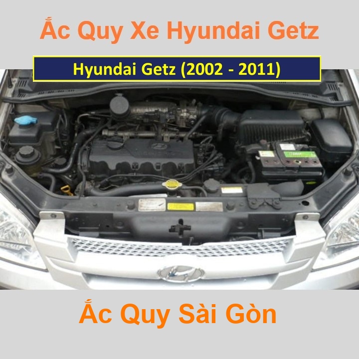 Bình ắc quy cho xe Hyundai Getz (2002 - 2011) có công suất tầm 50Ah (cọc nghịch - chìm hoặc nổi đều được) với các mã bình ắc quy như Din50, 50D20L Bình acquy oto Hyundai Getz có kích thước khoảng Dài 20cm * Rộng 17,5cm * Cao 19cm Ắc Quy Sài Gòn 
