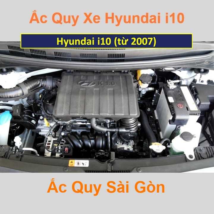 Bình ắc quy cho xe Hyundai i10 (từ 2007) có công suất tầm 35Ah, 40Ah (cọc nổi – nghịch) với các mã bình ắc quy như 40B19L, 42B20L, 44B19L Bình acquy oto Hyundai i10 có kích thước khoảng Dài 19cm * Rộng 13cm * Cao 22,5cm Ắc Quy Sài Gòn