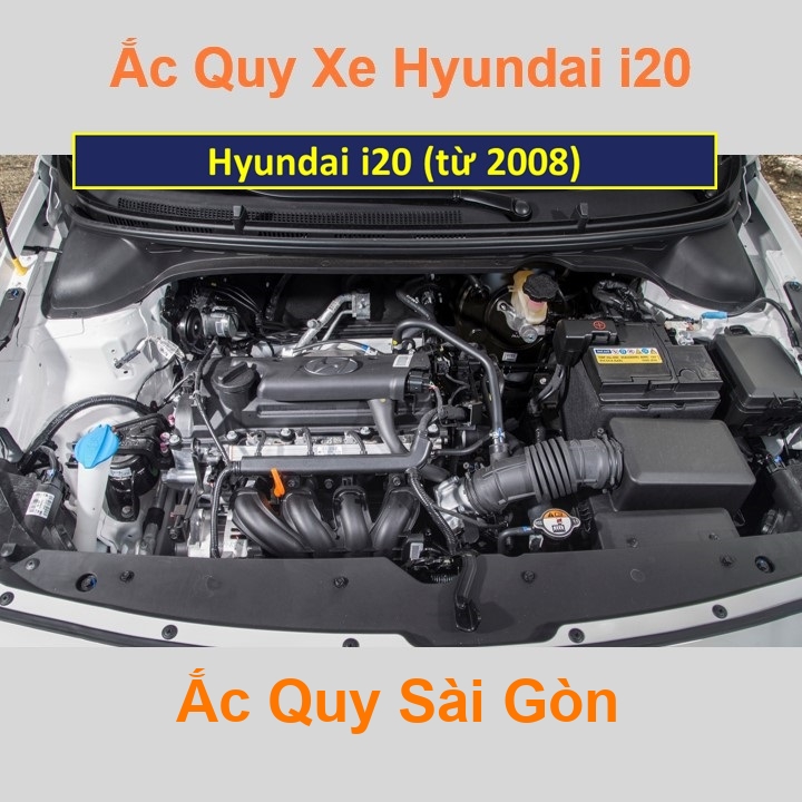 Bình ắc quy cho xe Hyundai i20 (từ 2008) có công suất tầm 50Ah - 65Ah (cọc nghịch - chìm hoặc nổi đều được) với các mã bình ắc quy Din50, 50D20L, 75D23L Bình acquy oto Hyundai i20 có kích thước khoảng Dài 23cm * Rộng 17,5cm * Cao 22,5cm Ắc Quy Sài Gòn