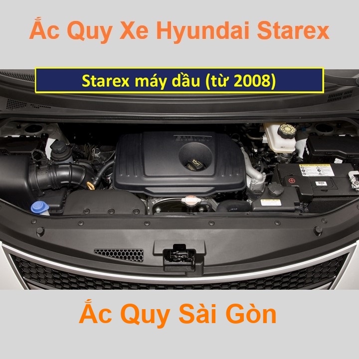Bình ắc quy cho xe Hyundai Starex máy dầu (từ 1997) có công suất tầm 90Ah (cọc nổi – cọc thuận) với các mã bình ắc quy 105D31R, 115D31R, 120D31R Bình acquy oto Hyundai Starex máy dầu có kích thước khoảng Dài 31cm * Rộng 17,5cm * Cao 22,5cm Ắc Quy Sài Gòn