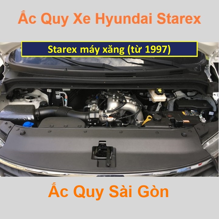 Bình ắc quy cho xe Hyundai Starex máy xăng (từ 1997) có công suất tầm 70Ah, 75Ah (cọc nổi – cọc thuận) với các mã bình ắc quy 80D26R, 85D26R, 90D26R Bình acquy oto Hyundai Starex có kích thước khoảng Dài 26cm * Rộng 17,5cm * Cao 22,5cm Ắc Quy Sài Gòn