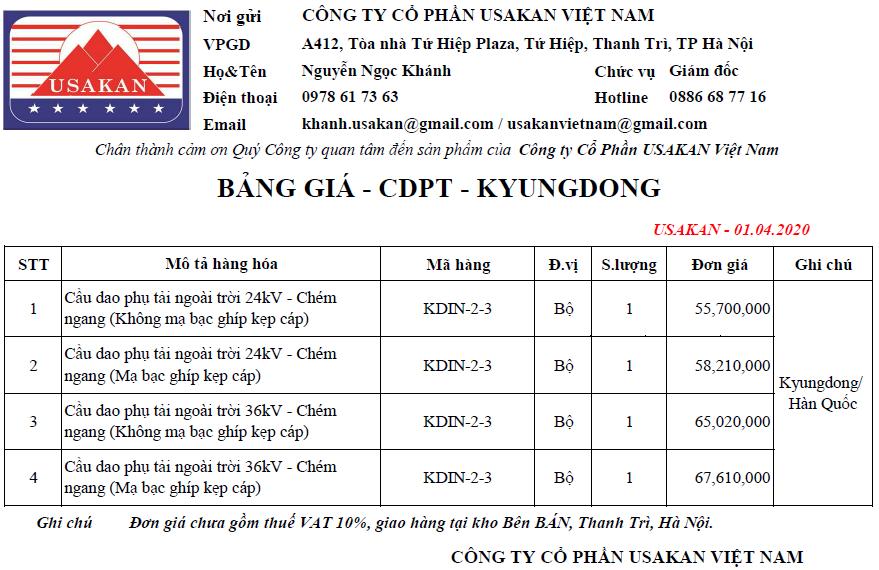 Bảng giá cầu dao phụ tải Kyungdong / Hàn Quốc