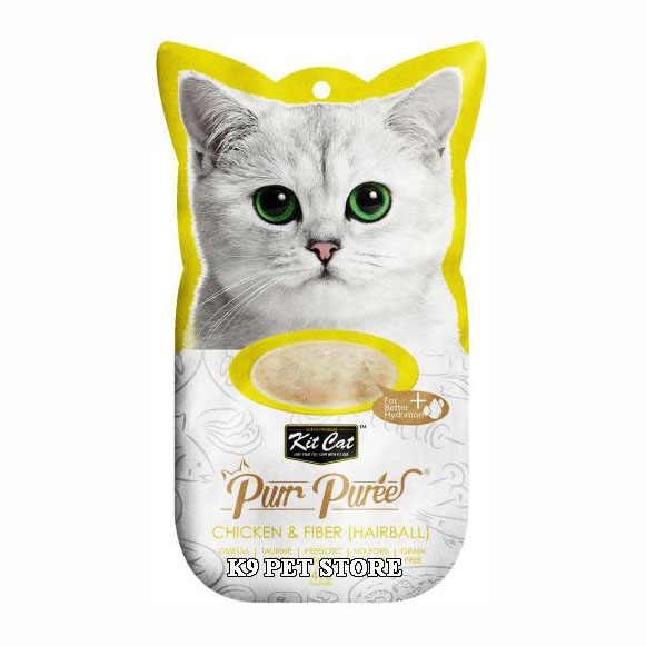 Snack thưởng dạng súp cho mèo Kit Cat Purr Puree Chicken & Fiber (Hairball) 4 tuýp/gói