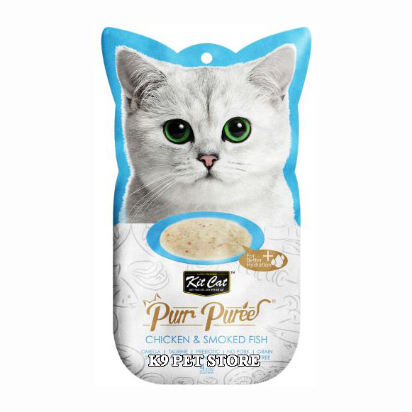 Snack thưởng dạng súp cho mèo Kit Cat Purr Puree Chicken & Smoked Fish 4 tuýp/gói