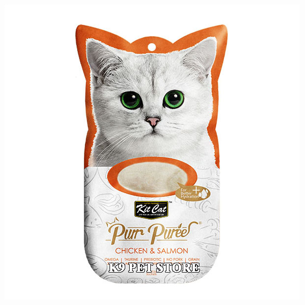 Snack thưởng dạng súp cho mèo Kit Cat Purr Puree Chicken & Salmon 4 tuýp/gói