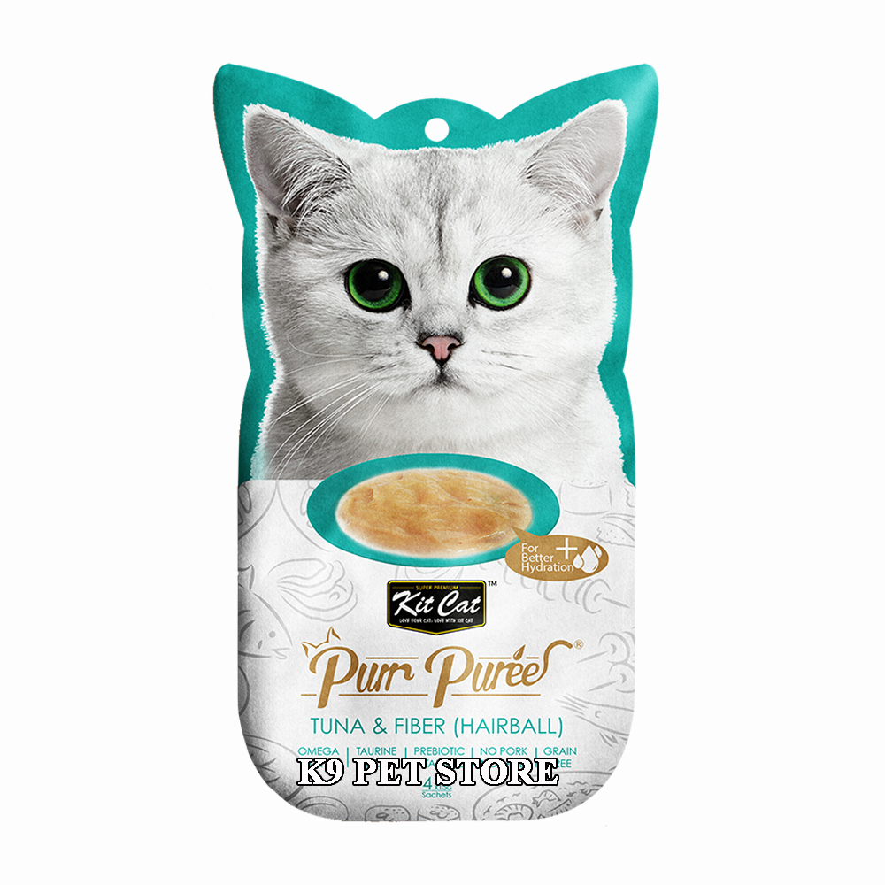 Snack thưởng dạng súp cho mèo Kit Cat Purr Puree Tuna & Fiber (Hairball) 4 tuýp/gói