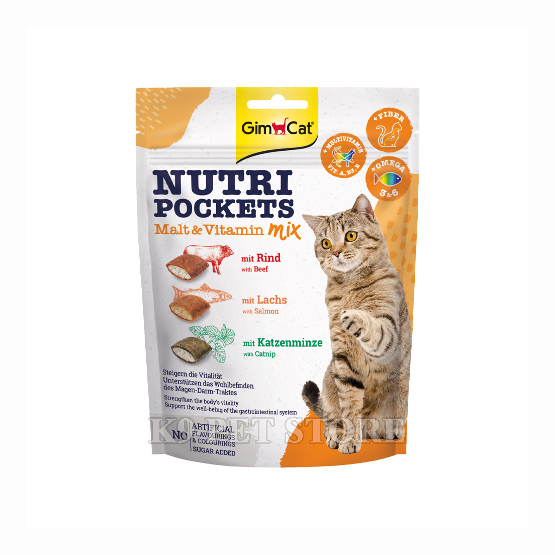 Snack mèo Gimcat Nutri Pockets Malt & Vitamin Mix 150g - vị thịt bò, cá hồi và cỏ mèo