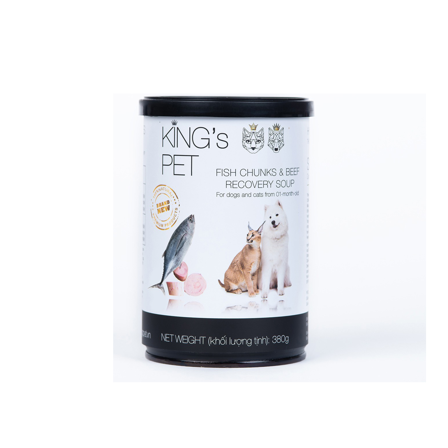 Súp cá sốt bò Kings Pet lon 380g – thức ăn cho chó mèo từ 01 tháng tuổi