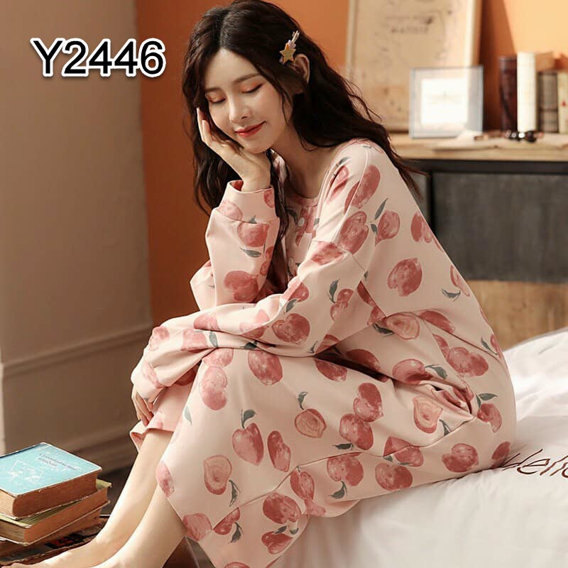 NY2446 - Đầm mặc nhà nữ dài tay mùa thu cotton co giãn hàng nhập - giá 220k