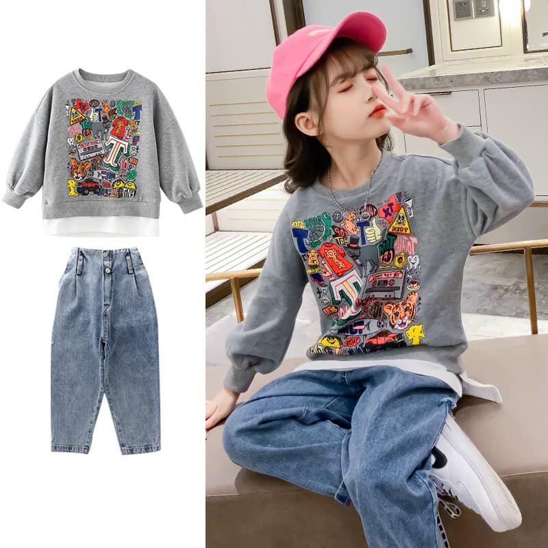 BG1078-6 - Set áo và quần jean bé gái mùa thu hàng nhập - giá 480k