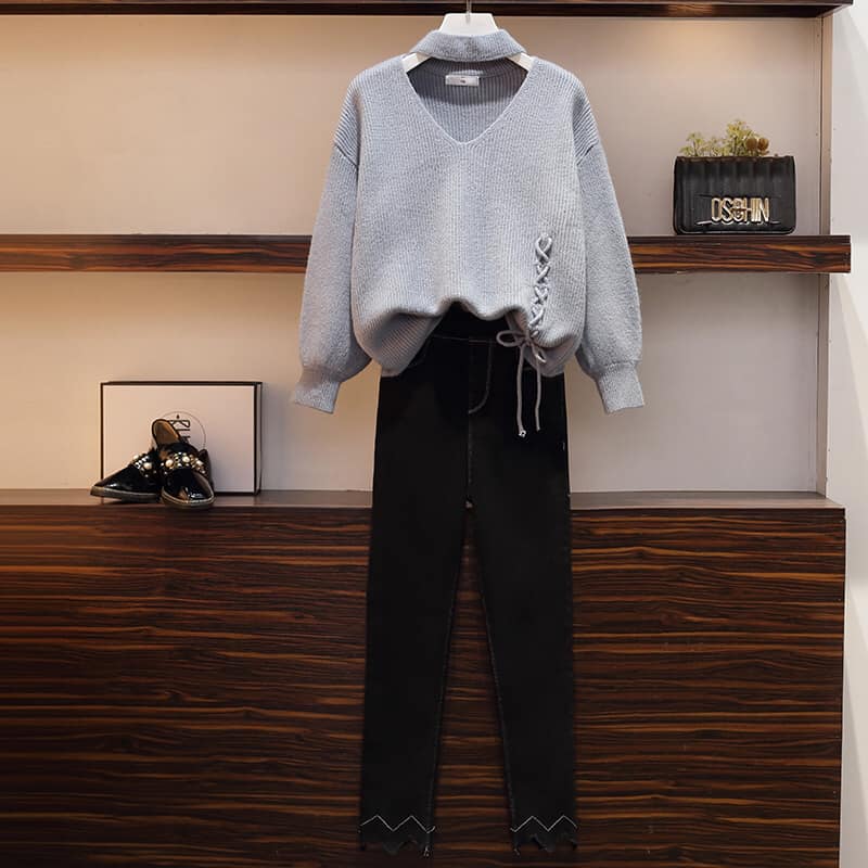 N4035 - Set áo len và quần jean nữ thu đông cho người mập - giá 790k