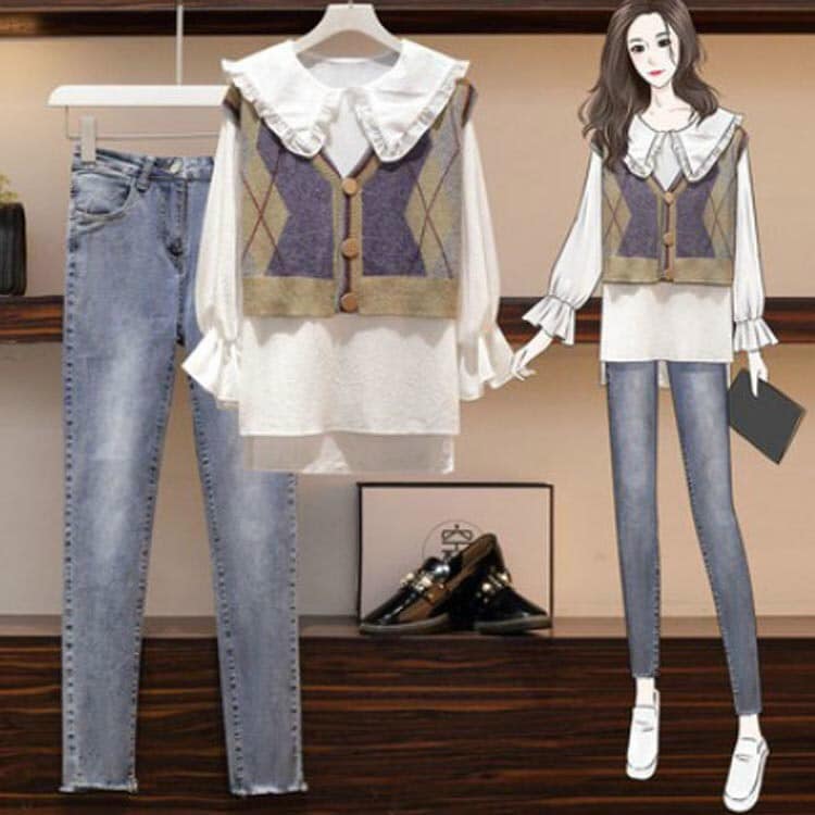 SM7757 - Set áo ghi lê áo sơ mi và quần jean nữ cho người mập - giá 1.000k